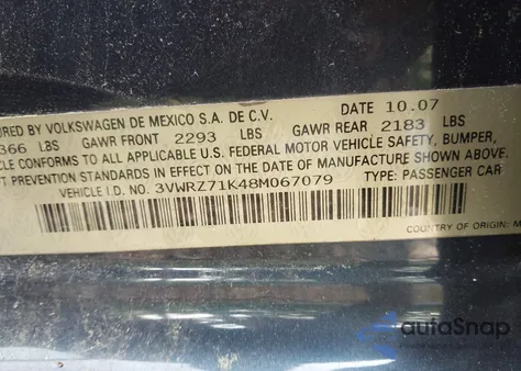 2008 Volkswagen Jetta Se/Sel z USA, uszkodzony, nr VIN 3VWRZ71K48M067079